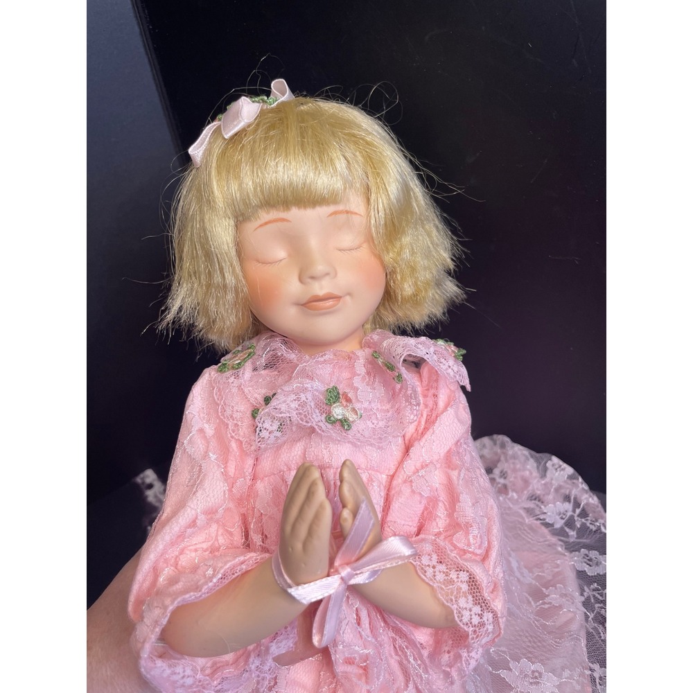 Vintage Porcelain Praying Girl Doll Pink Lace Dress Religious Decor RN 64078